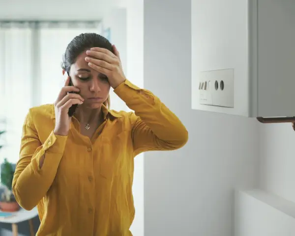 Donna preoccupata al telefono vicino allo scaldabagno, cerca consigli su come evitare il calcare.
