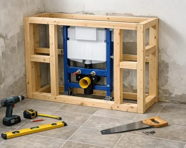 Cadre en bois pour un wc suspendu sur mur non porteur, avec réservoir et tuyauterie visibles. Outils de bricolage au sol.