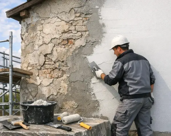Un ouvrier en casque blanc applique de l'enduit sur une façade en cours de renovation. Échafaudage et outils à proximité.