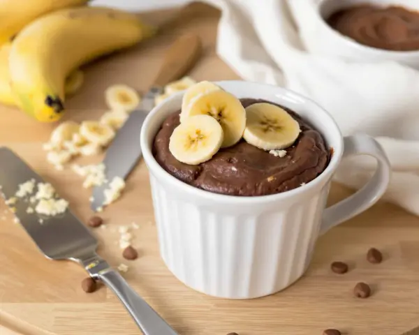 Un délicieux mug cake banane au chocolat, garni de rondelles de banane fraîche. Parfait pour une envie gourmande rapide.