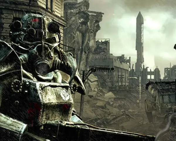 Un soldado con armadura de poder en un páramo postapocalíptico, evocando la atmósfera de un **Fallout 3 remaster**.