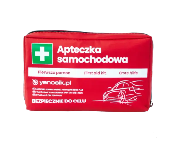 Czerwona apteczka samochodowa z białym krzyżem i napisem "Apteczka samochodowa".