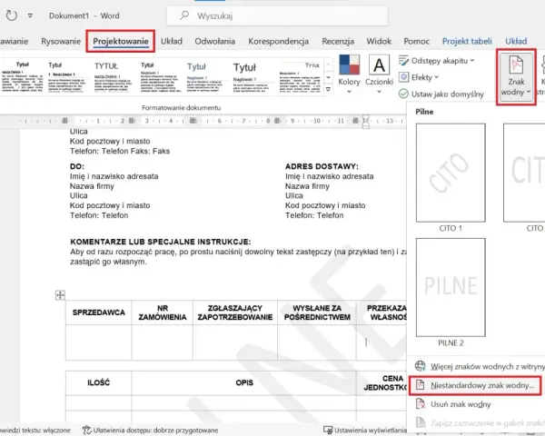 Ikona znaku wodnego w programie Word z podglądem znaków wodnych.
