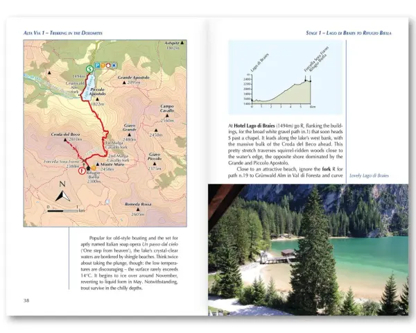 Mapa szlaku Alta Via 1 przez Dolomity, prowadzącego do Lago di Braies. Widok na jezioro i góry.