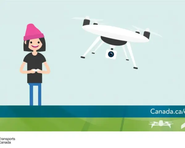 A person controls a drone, illustrating Canada drone laws and safety. Learn more at canada.ca/drone-safety.
