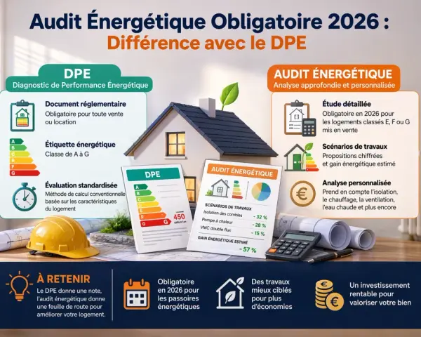 L'audit énergétique obligatoire en 2026 détaille les travaux pour améliorer la performance de votre logement, contrairement au DPE.