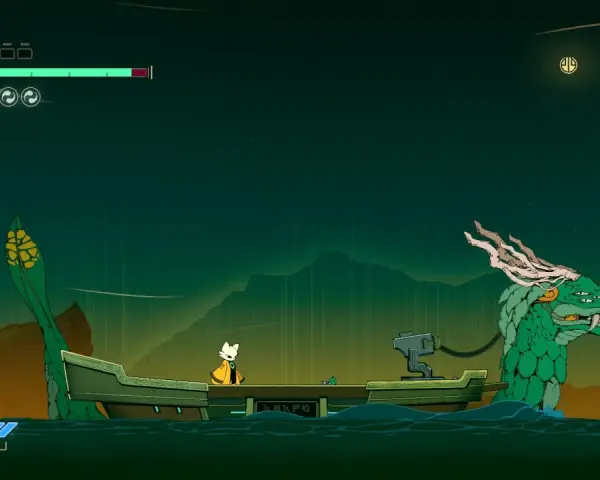 Un gato con capa amarilla navega en una barca junto a un dragón verde. El sol, con nueve rayos, ilumina la escena.