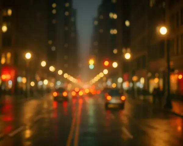 Luci sfocate di una strada cittadina di notte, con riflessi sull'asfalto bagnato, che ricordano l'effetto dell'astigmatismo.