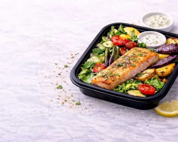 Pyszny łosoś z pieczonymi warzywami i ziołowym dipem. Idealny posiłek na dietę low carb.