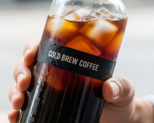 Dłoń trzyma butelkę z orzeźwiającym cold brew coffee, pełną kostek lodu. Idealna kawa do cold brew na upalne dni.