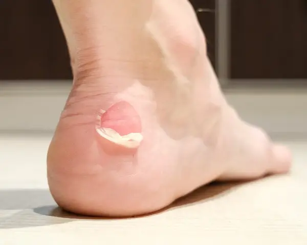 Talón con ampollas abiertas, piel desprendida y líquido visible, resultado de ampollas en los pies por sudor.