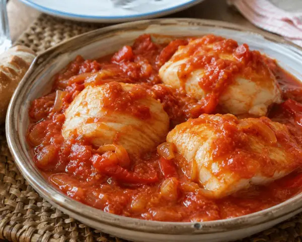 Bacalao con tomate, un plato casero con trozos de pescado blanco en una salsa roja de tomate y cebolla.