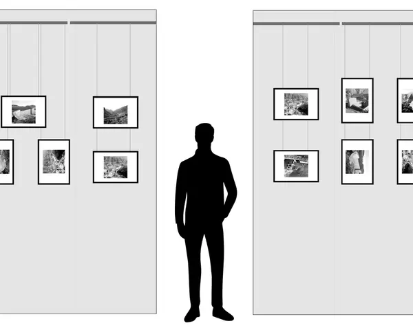 Ilustración de cómo colgar un cuadro, mostrando diferentes alturas y distribuciones para una exposición.