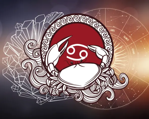 Symbol Raka, waga znak zodiaku, otoczony kryształami i spiralnymi wzorami, na tle koła zodiaku.
