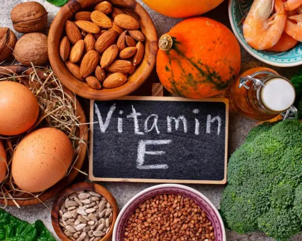 Uova, mandorle, noci, gamberetti, broccoli, spinaci e semi di girasole: alimenti ricchi di **vitamina E**.