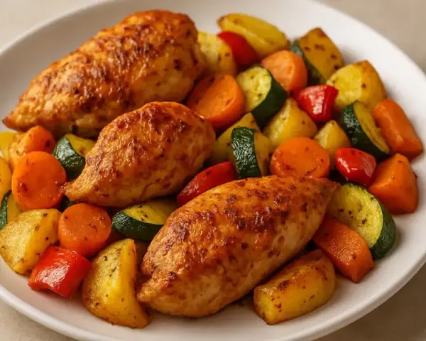Soczyste kawałki indyka z airfryer, podane z pieczonymi ziemniakami, marchewką, cukinią i papryką.