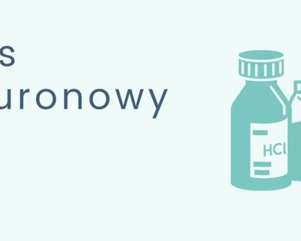 Kwas hialuronowy - co to jest? Ilustracja przedstawia butelki z substancjami chemicznymi, sugerując zastosowanie kwasu hialuronowego w produktach.