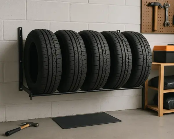 Cinque gomme per auto su un supporto a muro, un modo pratico per sapere come tenere le gomme in garage.