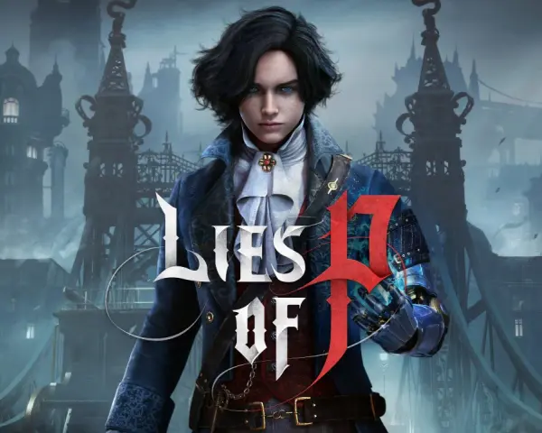 Joven con cabello oscuro y ojos azules, con un brazo mecánico, en la ciudad de Krat. El título "Lies of P" se superpone.