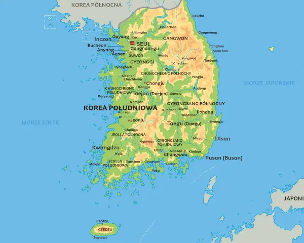 Mapa pokazuje, gdzie leży Korea Południowa, między Morzem Żółtym a Japońskim, na południe od Korei Północnej.