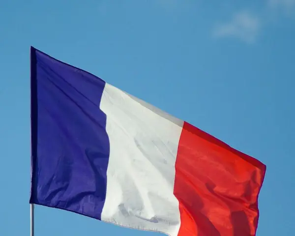 La bandera de Francia ondea con orgullo contra un cielo azul claro.