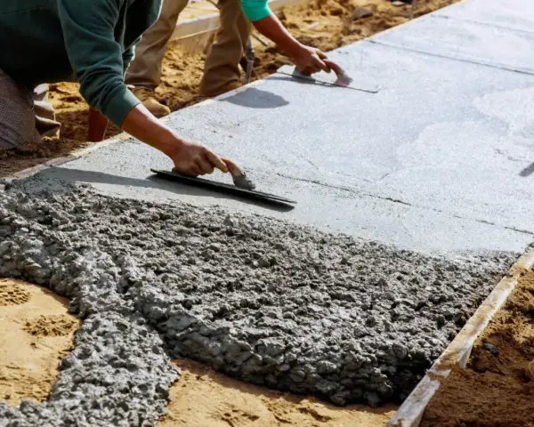 Pracownicy wygładzają świeży beton na budowie za pomocą kielni.