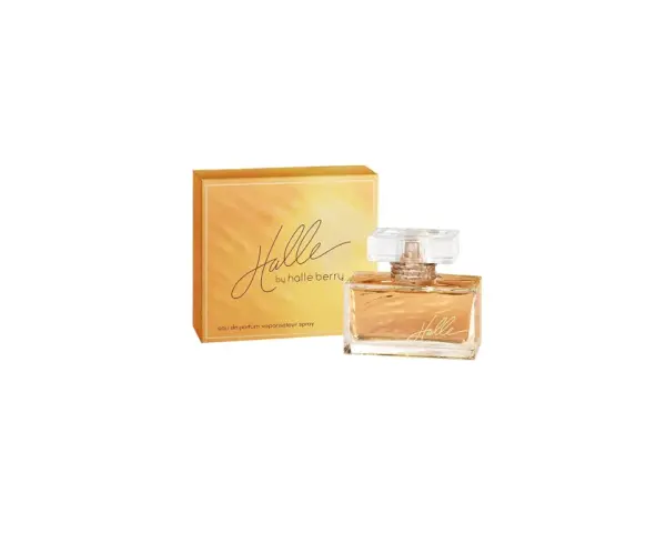 Perfumy Halle Berry: flakon i pudełko z pomarańczowym gradientem.