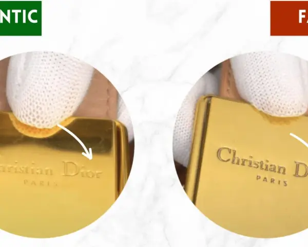 Confronto tra un dettaglio autentico e uno falso di un accessorio firmato Dior azienda. Si notano differenze nella finitura e nella precisione del logo.
