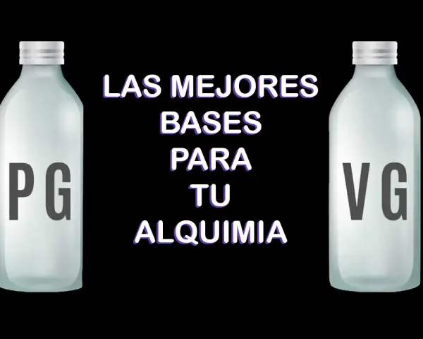 Dos botellas, una con "PG" y otra con "VG", flanquean el texto "LAS MEJORES BASES PARA TU ALQUIMIA", ideal para el vapeo con glicerina vegetal.