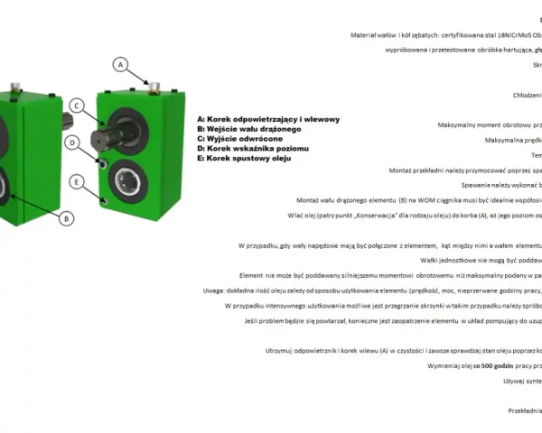 Zielona przekładnia zmiany kierunku obrotów z oznaczeniami A-E. Opisuje jej budowę i konserwację.