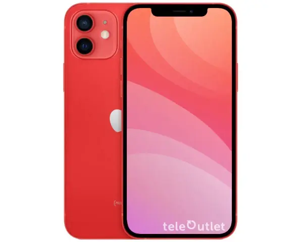 En röd iPhone 12 mini med en färgstark bakgrund på skärmen.