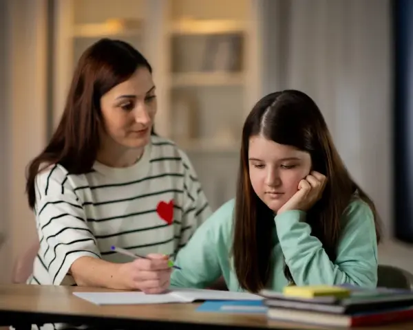 Mama tłumaczy córce, jak działa edukacja domowa. Dziewczynka zamyślona, opiera głowę na dłoni.