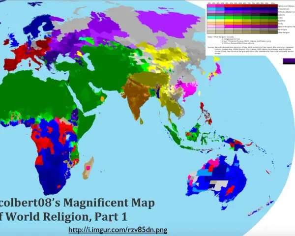 Mapa świata Scolberta08 przedstawia rozmieszczenie religii świata. Kolory oznaczają różne wyznania, od chrześcijaństwa po islam i buddyzm.