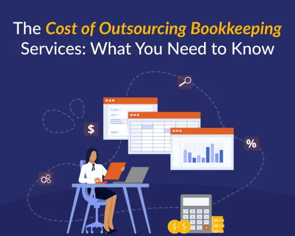 A woman works at a desk with a laptop, surrounded by financial charts and icons. The image illustrates the cost of outsourcing bookkeeping services.