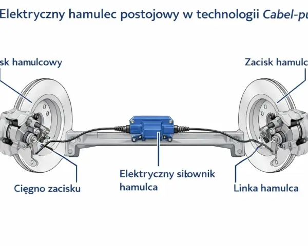 Schemat elektrycznego hamulca postojowego: zaciski hamulcowe, cięgno, linka i elektryczny siłownik.