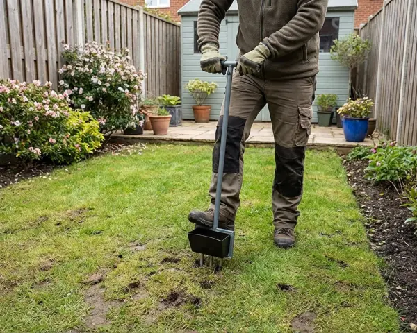 Gartenarbeit: Mit einem Werkzeug wird der Rasen aufgelockert, um ihn für besseres Wachstum vorzubereiten.