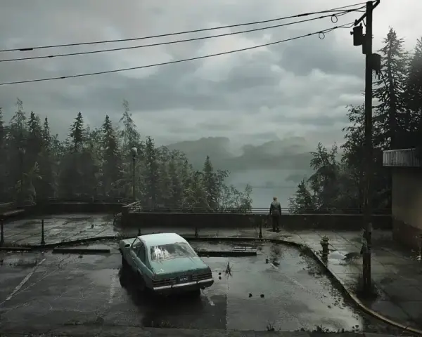Mroczny parking, opuszczony samochód i samotna postać w oddali. To zapowiedź klimatu, jaki zaoferuje silent hill 1 remake.