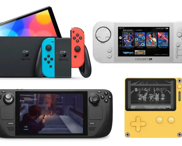 Comparativa de las mejores consolas portátiles: Nintendo Switch, Steam Deck, Evercade EXP y una retro amarilla.