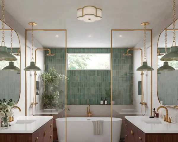 Elegant bathroom with dual vanities, a freestanding tub, and green tiled showers. Learn how to hang a bathroom mirror in this stylish space.