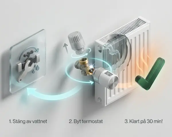 Byt ut din gamla termostat på elementet enkelt. Stäng av vattnet, byt termostat, klart på 30 min!