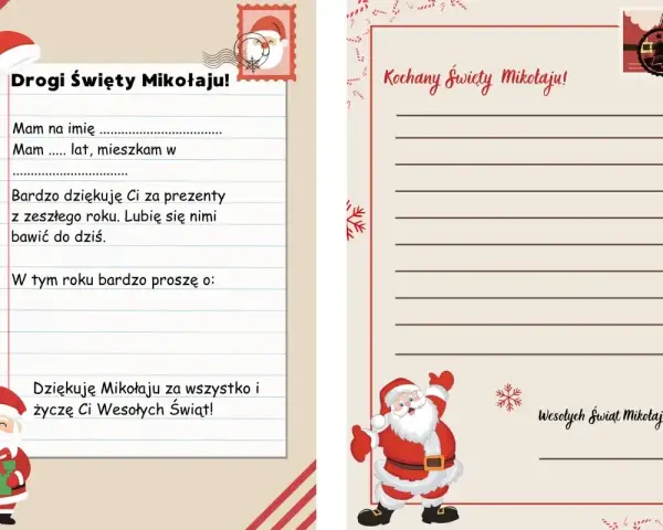 Wzmacniający list do dziecka z miejscem na wpisanie imienia, wieku i życzeń dla Świętego Mikołaja.