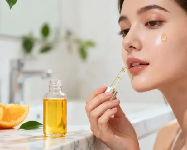 Une goutte d'huile à la vitamine C sur la joue d'une femme, à côté d'une bouteille et d'oranges.