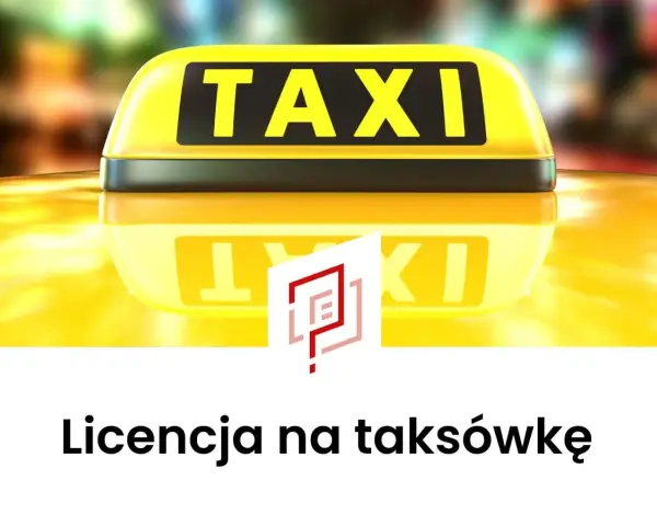 Żółty dach taksówki z napisem TAXI. Poniżej tekst "Licencja na taksówkę" i logo.
