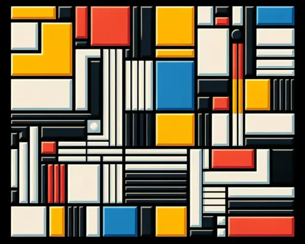 Composition abstraite de style De Stijl, avec des rectangles et carrés aux couleurs primaires, blanc et noir, créant un jeu d'ombres et de lumières.