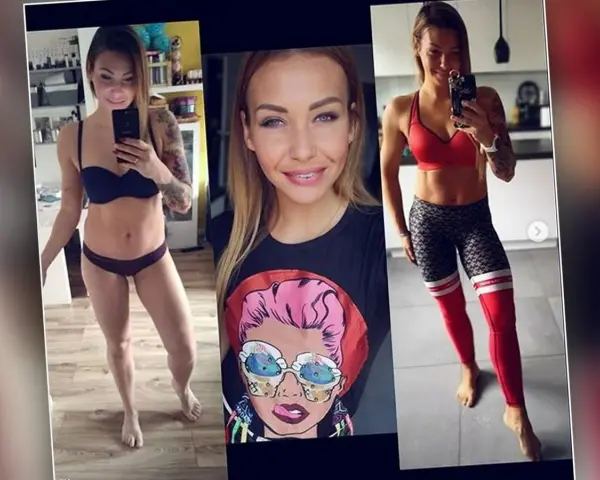 Sylwetka kobiety po okresie **fastingu**. Widać jej ciało w bieliźnie i stroju sportowym, z tatuażami.