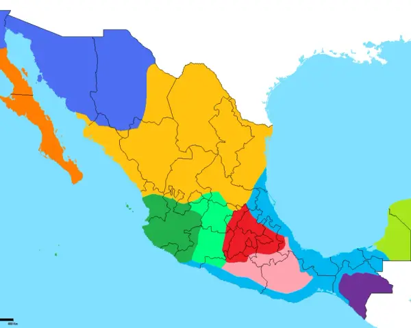 Mapa de México con áreas coloreadas que representan diferentes tipos de dialectos.