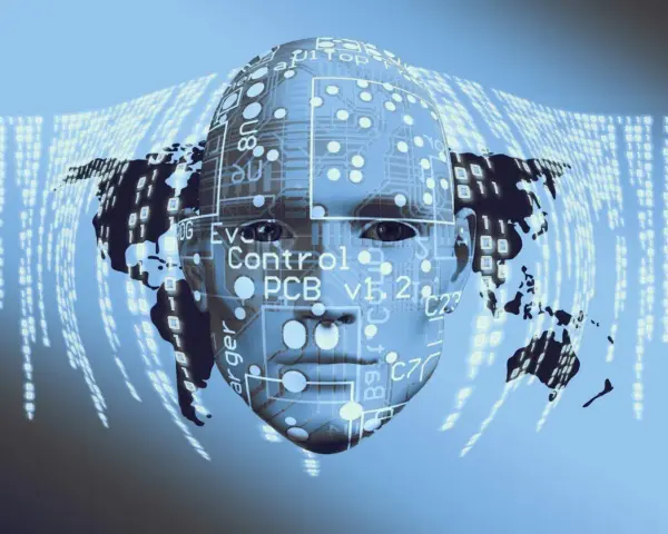 Rostro humano digital con mapa mundial y código binario. Explora qué es la IA y cómo funciona.