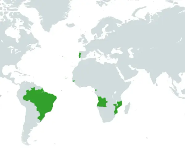 Mapa świata z zaznaczonymi krajami, gdzie językiem urzędowym jest portugalski. Widać Brazylię, Portugalię, Angolę, Mozambik i inne.