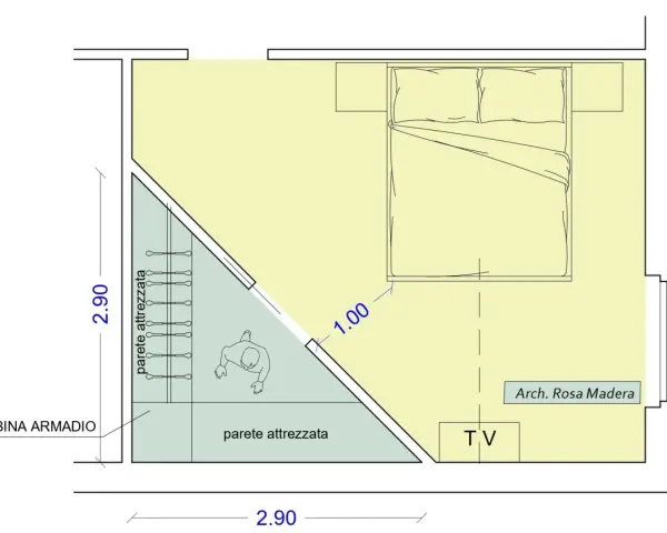 Planimetria mostra le dimensioni minime cabina armadio, con letto, TV e pareti attrezzate.