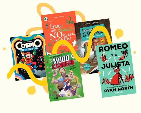 Libros con diversos temas: un astronauta en el espacio, un misterio en una mansión, fútbol, y una versión interactiva de Romeo y Julieta.